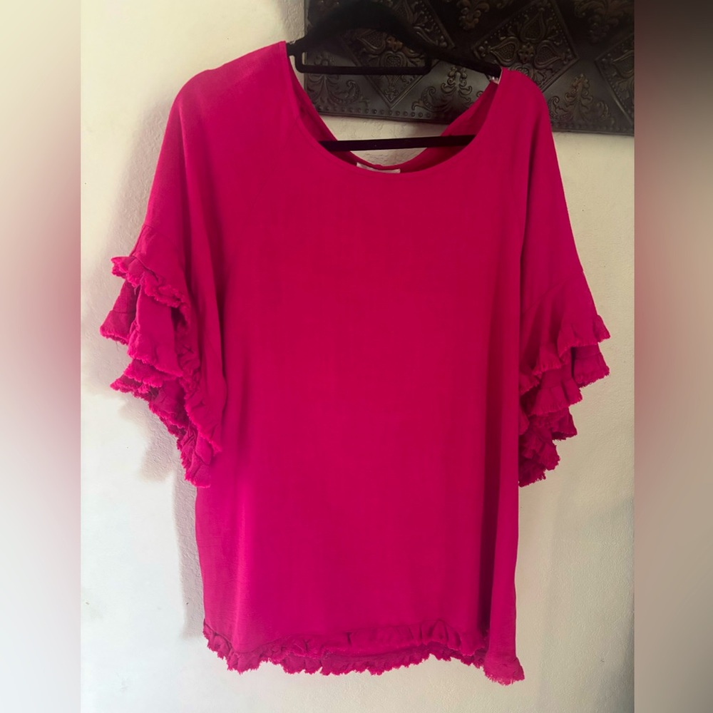 Umgee Pink Flutter Sleeve Blouse with Ruffled Details linen blend